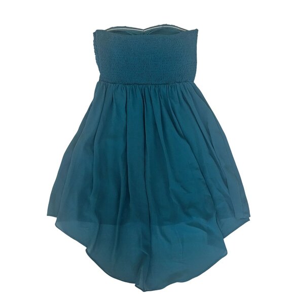 Women's Teal Chiffon Strapless Rhinestone Beaded Bodice High-Low Hem Dress Small - Picture 3 of 10